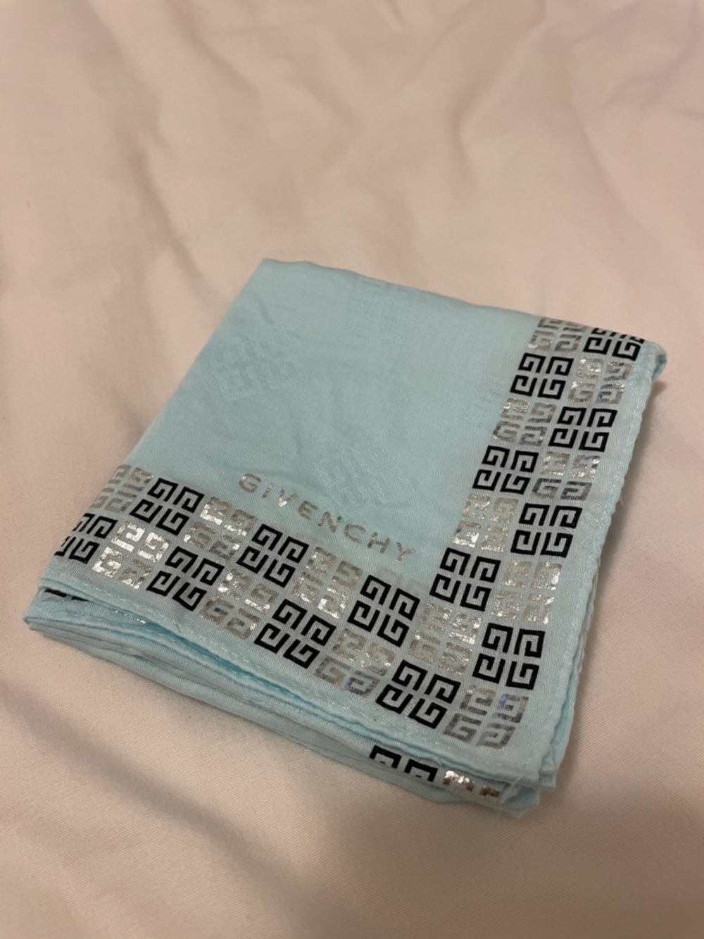 Givenchy Vintage Pale Blue Silk Logo Trim Scarf